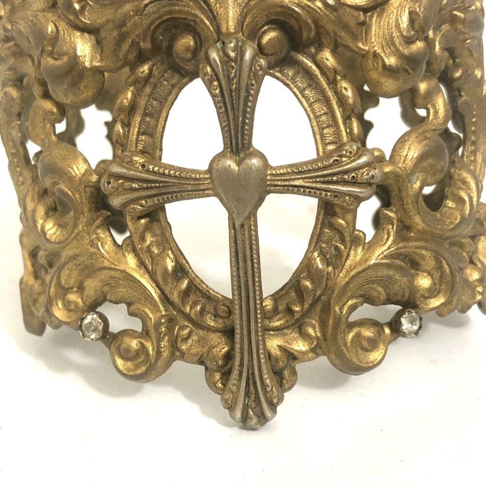 Vintage Wide Cuff Bracelet Virgins Saints & Angels Cross Gold Tone Ornate - Picture 5 of 14